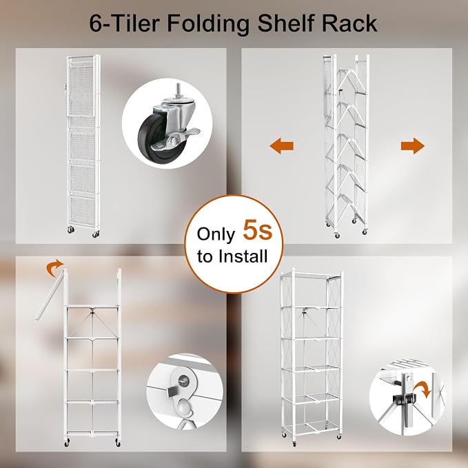 6 Tier Foldable Storage Shelves with Wheels -No Assembly Metal Folding Shelves Collapsible Shelving Unit Display Heavy Duty Rolling Shelf for Home Kitchen Office Room (White, 73" x 14" x 23")