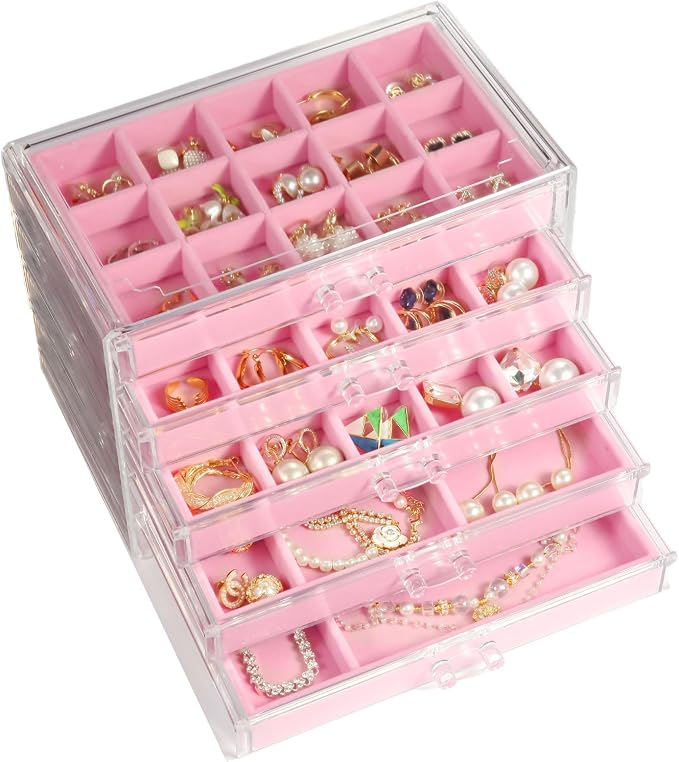 5 Drawers Clear Jewelry Box for Women and Girls, Acrylic Earring Holder Organizer Ring Holder Display Storage, Pink