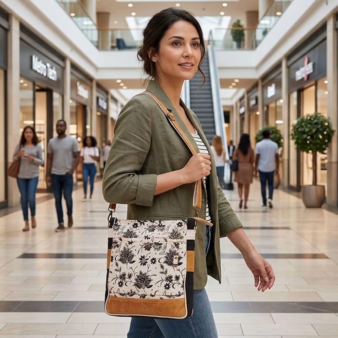 RAJERIYA Bags SEL de MER Upcycled Blossom Print Canvas & Leather Shoulder Bag, Canvas Crossbody Bags for Women