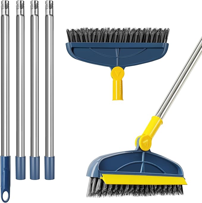 Long Handle Grout Cleaning Brush with for Tile Floors, Tapered Bristles Grouting Line Brush, 2 in 1 Scrub with Scraper