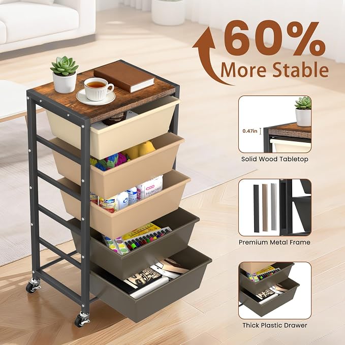 Rolling Cart with 5 Drawers, Plastic Drawer Storage Carts with Wheels & Wooden Tabletop, Metal Utility Cart for Office Bedroom Living Room Classroom, Craft Organization and Storage, Brown