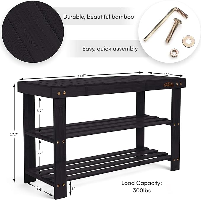 Homemaid Living Bamboo 3 Tier Shoe Rack Bench, Premium Shoe Organizer or Entryway Bench, Perfect for Shoe Cubby, Entry Bench, Bathroom Bench, Entryway Organizer, Hallway or Living Room(Black)