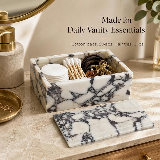 Natural Marble Rectangle Jewelry Box with Lid, 7.87 in | A rectangle marble box for watches, jewelry, slim glasses, hair ties, and dresser-top organization.