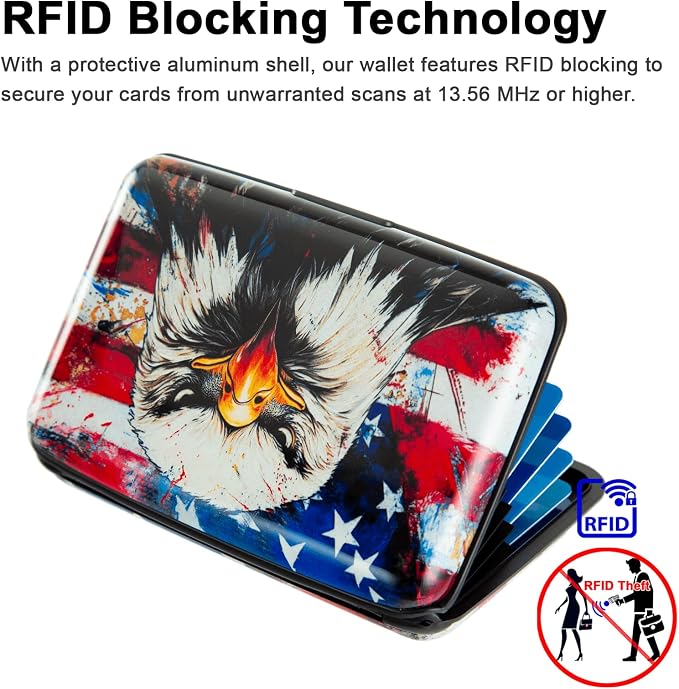 Credit Card Holder, Metal Card Wallet RFID Blocking Mini Slim Aluminum Business Hard Card Case for Women Men (Bald Eagle with American Flag)