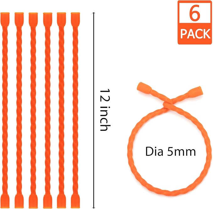 6 PCS 12-Inch Silicone Cable Ties Dia 5mm Reusable Steel-Core Rubber Twist Ties Bendable Cable Ties for Bundling and Holding, All Purpose Cord Tie for Indoor and Outdoor (Orange)