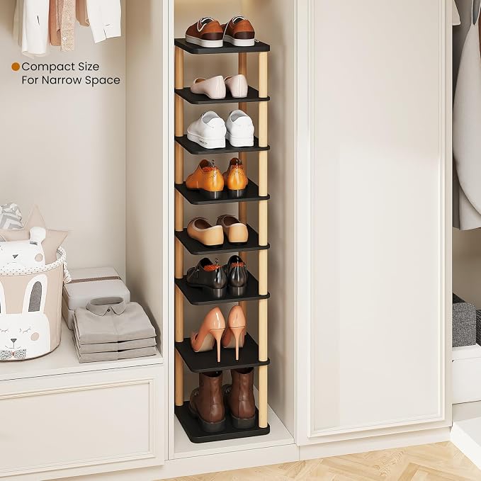 8 Tiers Vertical Shoe Rack, Tall Narrow Shoe Tower, Corner Shoe Rack, black | Small Shoe Organizer for Entryway, Closet, Dorm & Small Spaces, Freestanding Wooden Shoe Shelf for Boots, Sneakers, Heels.