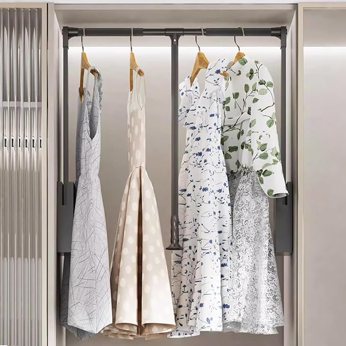 Pull Down Closet Rod for Hanging Clothes, Retractable Wardrobe Hanger for Cabinet Inside Width 26"~35", Aluminium alloy Tubing with Plastic Housing, 44 lb Weight Rating