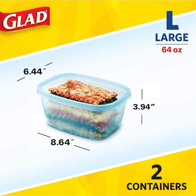 Glad GladWare FreezerWare Food Storage Containers with Lids, Large Rectangle No BPA Plastic for Freezing Soups Meals and Batch Cooking, Crack Resistant, Microwave Dishwasher Safe, 64 Oz, 2 Ct - 6 Pk