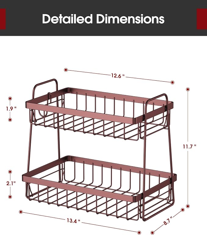 Sakugi Fruit Basket for Kitchen Counter - 2-Tier Fruit Bowl with Removable Banana Hanger & Handles, Rustproof Fruit Holder for Kitchen, Living Room, Bathroom, 13.4"×8.7"×11.7", Brown