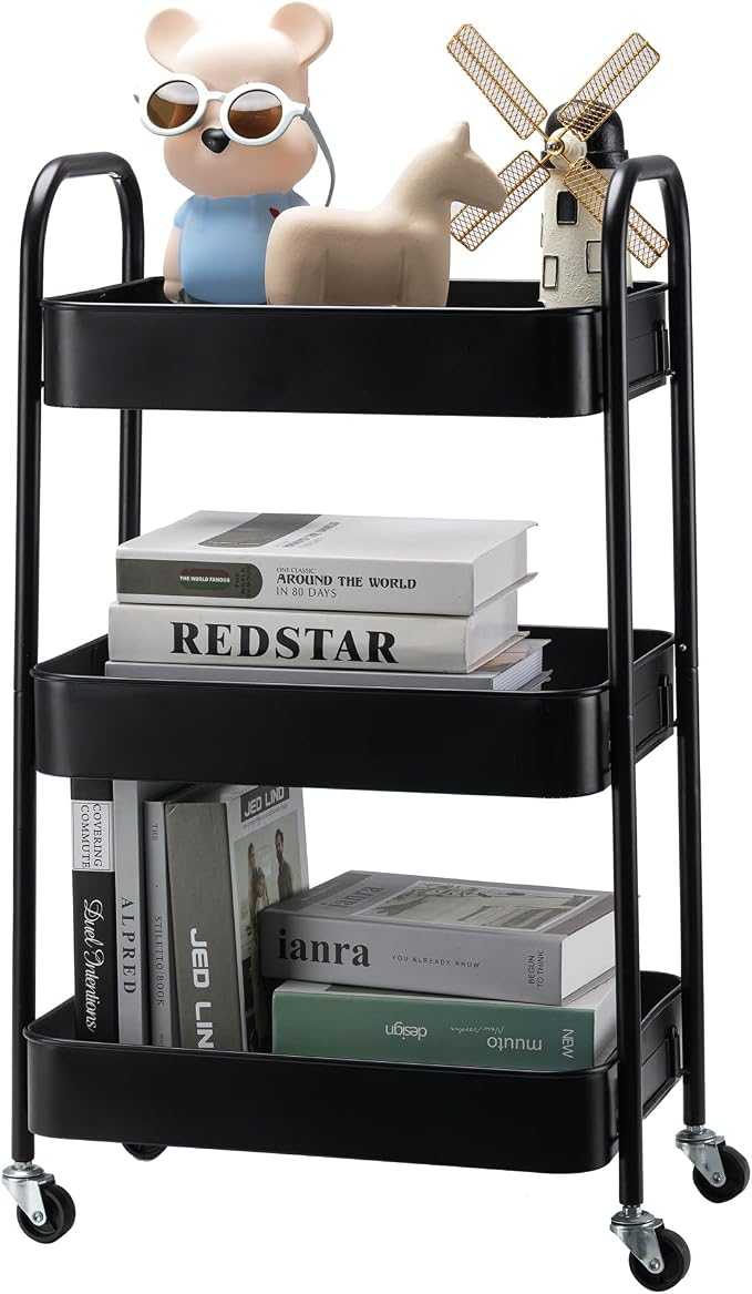 SETTFRFE 3-Tier Metal Rolling Storage Cart with Lockable Wheels,Black | Utility Cart for Kitchen Bathroom Dorm ,Movable Snack Cart & Art Cart for Esthetician Nail Lash Diaper,Tool-Free Assembly