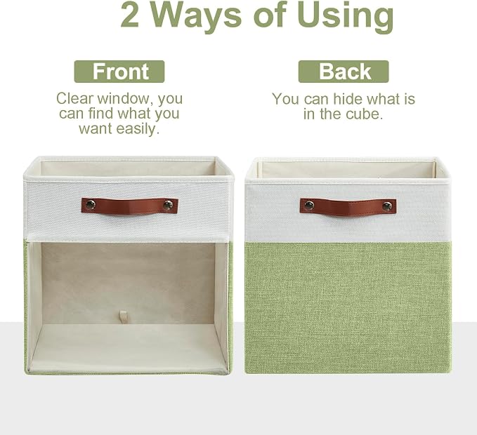 Bagnizer Storage Cubes, 4 Pack Linen Foldable Storage Bins with Clear Window and 2 Handles, 13x15x13 for Shelf Closet, Kallax, Clothes, Books - Green/Off-White