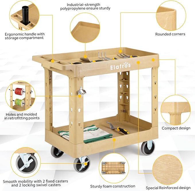 ELAFROS 2-Tier Heavy Duty Rolling Cart, 34 x 17 in, 2 Fixed 2 Swivel, Sand | 550 lbs Capacity, Deep Tub Shelves, Plastic Utility Cart, Service Cart, Work Cart, Tool Cart, Tub Storage, Warehouse Garage