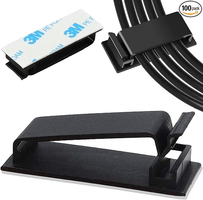 100 PCS Self Adhesive Cable Clips, Wire Organizer, Cable Management, Cord Organizer for Desk, Wall, PC, Car, Home, Office, USB, Ethernet, Power Cords, Black (Large)