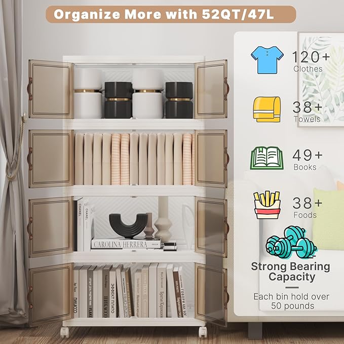 UAMFURI Stackable Storage Bins with Lids 192QT-48QT*4Pack Folding Storage box with Doors and Wheels, Collapsible Plastic Bins Stackable Organizer and Containers for Home, Garage, Office