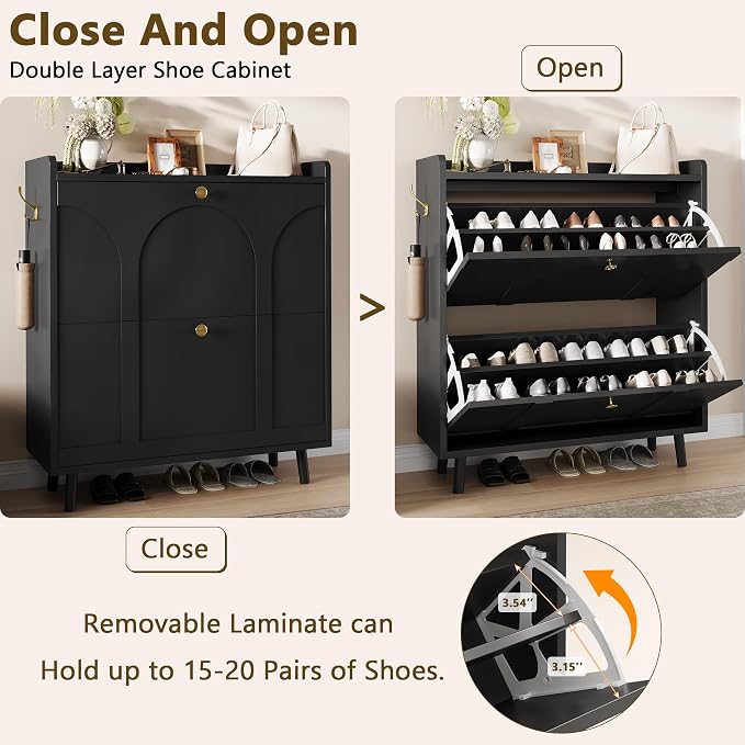 iPormis Shoe Cabinet with 2 Flip Drawers, Slim Shoe Storage Cabinet for Entryway, Narrow Shoe Organizer with Top Shelf, Side Hooks and Metal Legs, Hidden Shoe Rack for Hallway, Black