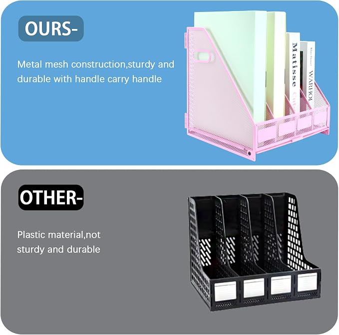 Desk Organizers Metal Magazine File Holder Racks Desktop Folder Storage Binder Organiser Document Organization for Home Office & Classroom,4 Vertical Compartments-Pink