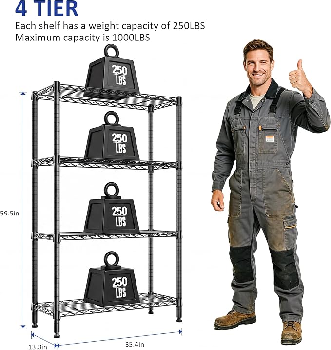 4-Tier Shelf Unit Organizer, 36 Inch Wire Shelf Rack for Pantry and Garage | Black Metal Wire Shelving with 1000 LBS Capacity, 13.8" D X 35.4" W X 59.5" H Storage Rack for Kitchen Office and Bathroom
