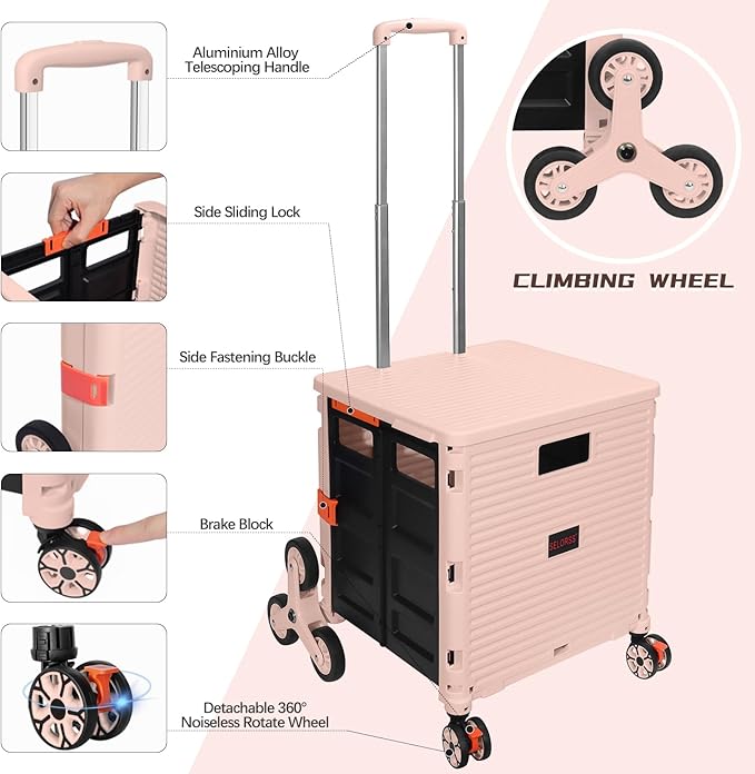 SELORSS Foldable Utility Cart Collapsible Crate Rolling Carts with Stair Climbing Wheels Rolling Tote Basket Teacher Cart with Lid Wear-Resistant 360°Rotate Wheel Noiseless for Shopping Grocery Office
