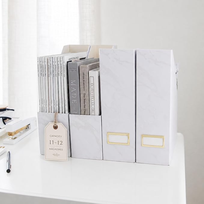 BLU MONACO Set of 4 Magazine Holders | White Marble Design with Gold Label Holders | Foldable File Organizer Boxes for Desk, Office & Classroom | Stylish Paper & Magazine Storage
