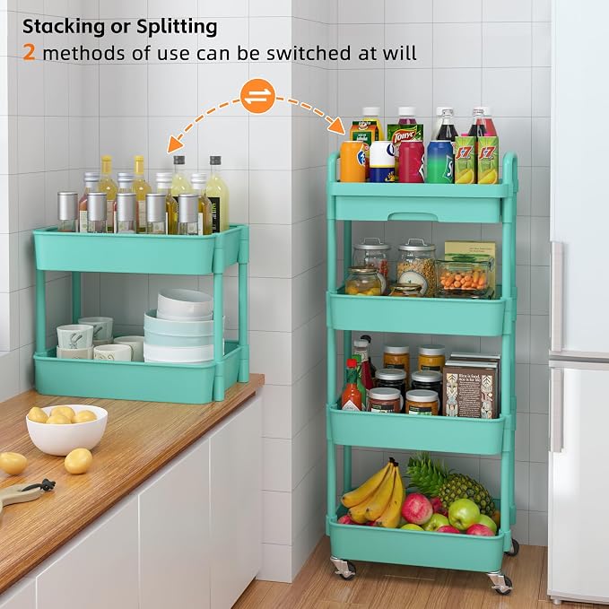 Calmootey 4-Tier Rolling Utility Cart with Drawer,Multifunctional Storage Organizer with Plastic Shelf & Metal Wheel,Storage Cart for Kitchen,Bathroom,Living Room,Office,Green | Space-Saving Organizer, Sturdy Plastic Shelves, Smooth-Rolling Metal Wheel...