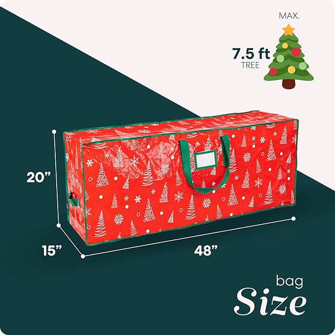 Christmas Tree Storage Bag - Stores 7.5 Foot Artificial Xmas Holiday Tree, Zippered Bag, Durable Waterproof Material, Carry Handles - Protects Against Dust, Insects and Moisture (Red Printed)