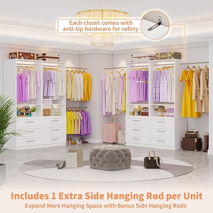 Closet System Set of 2, Closet System with 6 Drawers, 4 Rods & 2 Shelves, 4–10FT Walk in Modular Closet System, DIY Custom Built in Wood Closet Organizer Kit, White