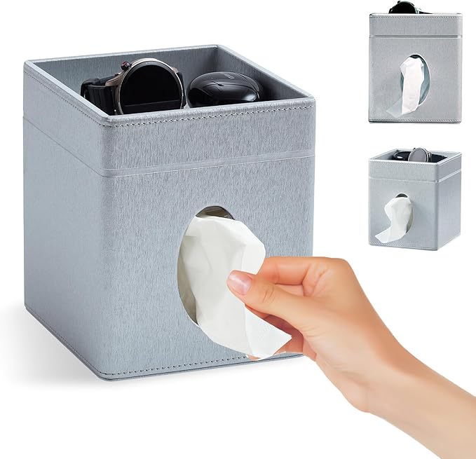 Tissue Box Holder Cover, Modern PU Leather Square Decorative Tissue Holder Organizer-Woven New Off White