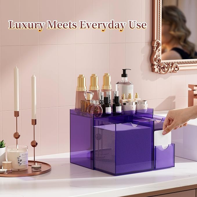 Youdepot Purple Acrylic Face Towel Holder with 3 Drawers | Disposable Face Towel Organizer for XL Facial Towels, Cotton Pads, Swabs, Skincare Tools, Bathroom Vanity Countertop