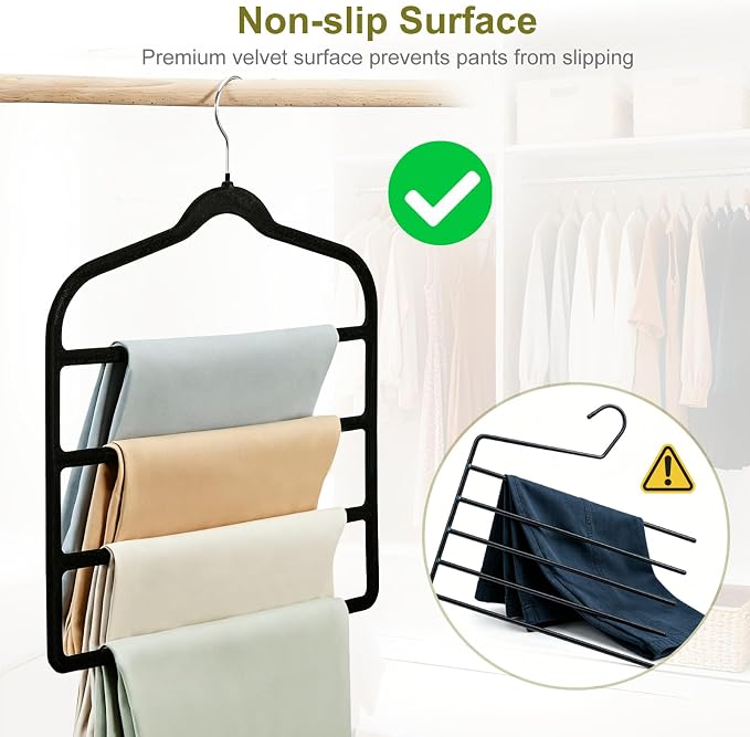 Pants Hangers Space Saving, 2 Pack Velvet-Coated Plastic Multi-Layer Hangers, Non-Slip Closet Organizer for Small Closets and College Dorms, Hanging Trousers, Scarves, Ties, Towels, Black