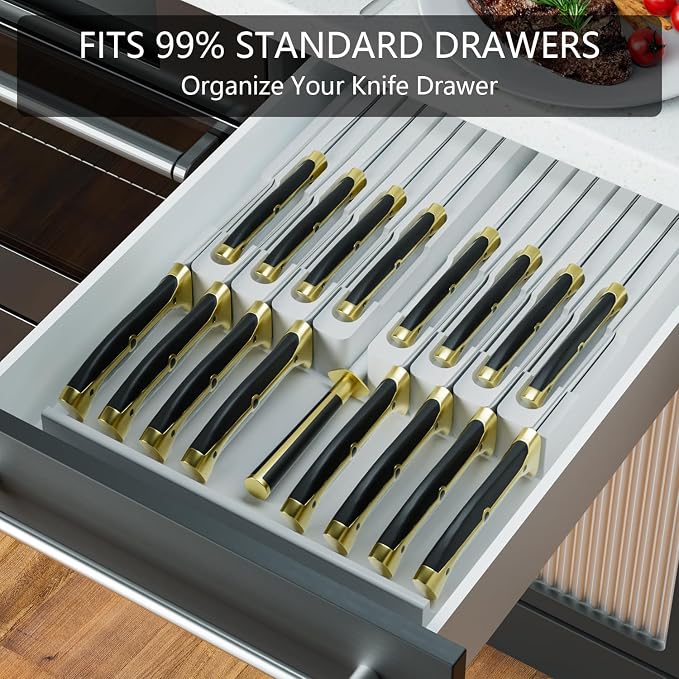 Domax Bamboo In-drawer Knife Block - Kitchen Knife Drawer Organizer Insert, Knife Holder without Knives Large, Drawer Knife Organizer Fits for 16 knives and 1 Sharpening Steel (Not Included), White