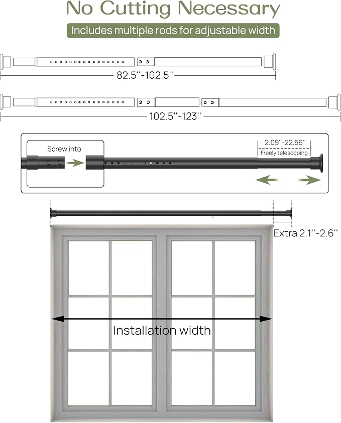 ALLZONE Tension Curtain Rod for Window, 83-123 Inches, Heavy Duty Curtain Rods No Drilling, Non-Slip Bathroom Shower Tension Rod, Renter Friendly, Adjustable, Spring Loaded, Extra Long, Black