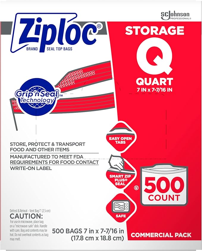 SC Johnson Professional, Ziploc Storage Bags, For Food Organization and Storage, Double Zipper Seal, Easy-Open Tabs Quart, 500 Count (Pack of 2)