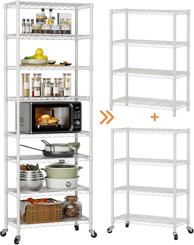 Golpart Shelves Storage Shelf Wire Closet Bathroom Organizers Metal Pantry | 8 tier Kitchen Garage Shelving Unit Laundry Room Organization Home Rack Net Basket Black with Wheels 11.7”D X 22”W X 74.2”H