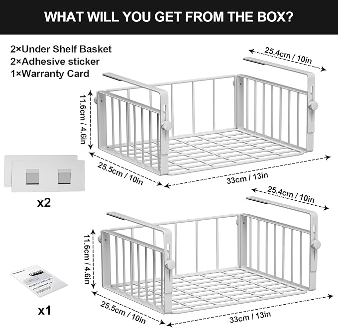 AmonHouseware 2Pack Under Shelf Storage Basket Organizer, White | Adjustable Hanging,Under Cabinet Add-on, Slide-in Baskets, for Laundry Room Kitchen Pantry Desk Bookshelf Counter Cupboard