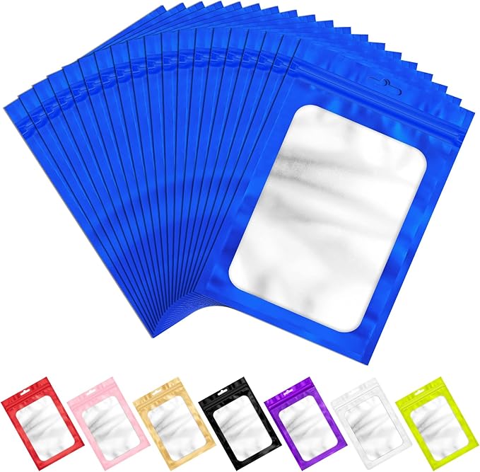 100 PCS Resealable Mylar Bags with Zip and Frosted Clear Window Packaging Bags Foil Pouch Zipper Bag for Food Self Sealing Storage Supplies (Blue, 2.75×3.93)