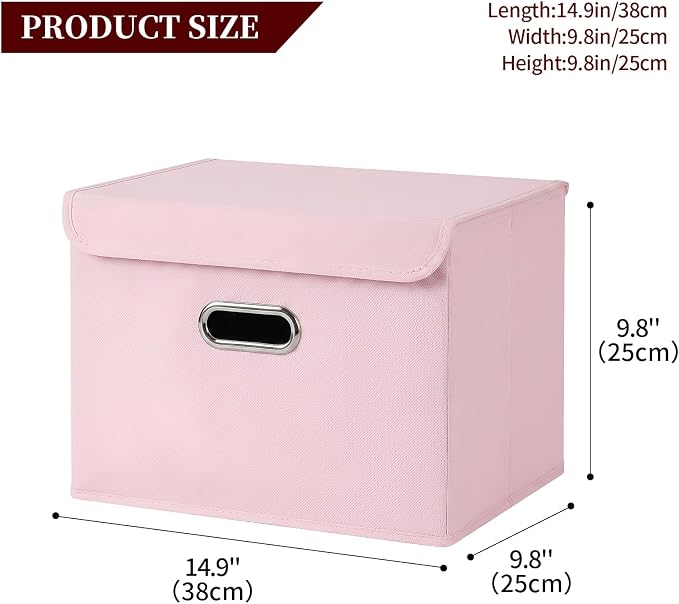 STOREONE Fabric Storage Cube Bins Foldable Organizer Container Collapsible Basket with Lids and Metal Handles, for Home, Bedroom, Closet 3 Pcs (multicolour-light pink)