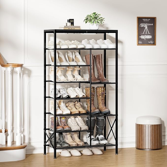 8-Tier Shoe Rack, Shoe Storage Organizer with Boots Storage, Large Capacity Shoe Shelf Holds 20-23 Pairs of Shoes, Durable and Stable, for Entryway, Closet, Hallway, Dorm Room, Black