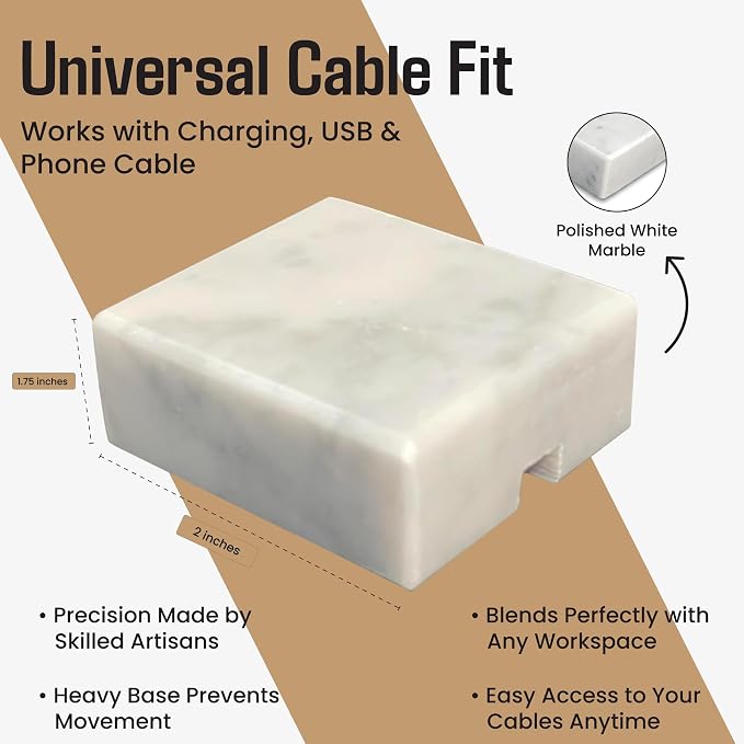 Cord Organizer – Polished Marble Cable Tidy, Single | Handmade polished white marble cord holder keeps a charging cable tidy on your desk. Weighted, non-slip. Single slot.