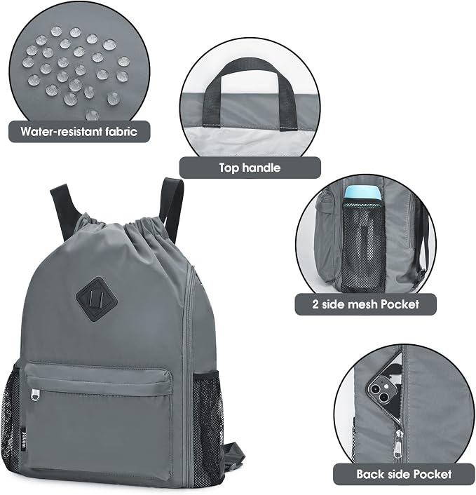 WANDF Drawstring Backpack with Shoe Compartment, Sports Gym Bag | Multi-Pocket Storage, Water-Resistant Fabric, Cinch String Bag