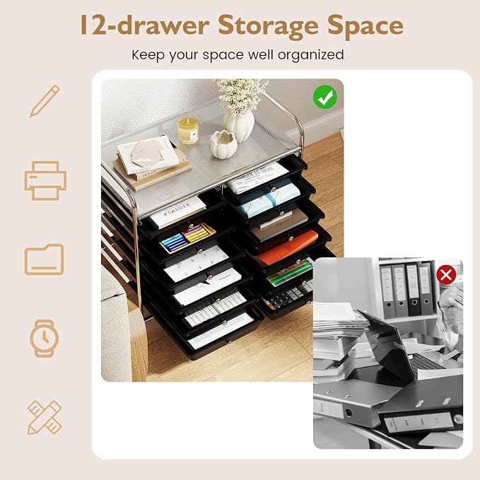 LDAILY 12 Drawer Rolling Storage Cart, Craft Cart Organizer on Wheels w/Metal Frame, Large Capacity & Smooth Drawer, Rolling Cart w/Drawers for Classroom, Office