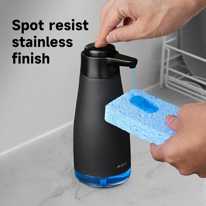 AIKE 15oz Liquid Soap Dispenser for Dish and Hand Soap Matte Black | Easy Push Durable Pump, No-Slip Base with Clear Liquid Window, Easy Refill Wide Opening, for Kitchen Sink and Bathroom