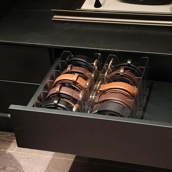 Belt Organizer - Clear Stackable Belt holder for Closet and Drawer Storage - 5 Compartments with Removable Dividers, Multi-Purpose Display Bins With Inserts For Ties, Socks, underwear (1)