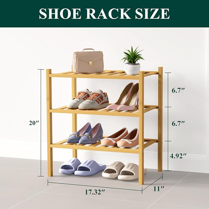 Smiry Bamboo Shoe Rack for Closet, 3 Tier Small Wooden Shoe Organizer, Stackable Wood Shoe Storage Shelf for Entryway, 14 Vertical Slats, One-piece Heavy-Duty Legs, 17.32"x11.02"x18.31", Natural