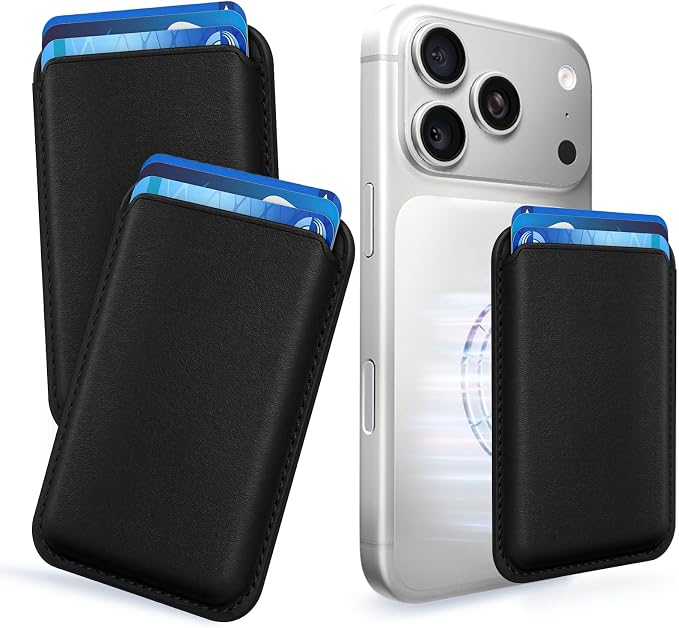 2Pack Magnetic Wallet Cell Phone Card Holder for Phone Case with Mag-Safe, Stronger Magnetic RFID Leather Phone Wallet Stick on Series of iPhone 17/16/15/14/13/12 and Pro/Promax,2-Pack Black