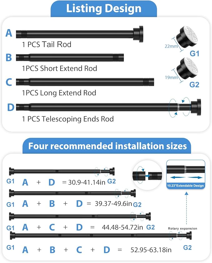 2Pack Spring Tension Curtain Rod 30-63Inch Tension Rod for Windows Black Curtains Rod Pressure Adjustable Curtain Rods No Drilling Spring Curtain Rod Tension Rods for Doorway,Windows,Bedroom,Closet