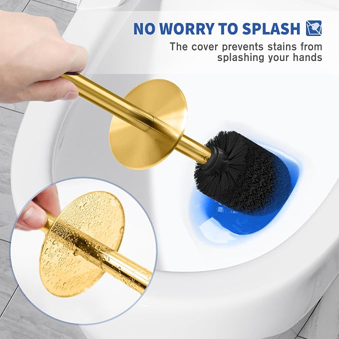 Toilet Brush and Holder, 2 Pack Toilet Brush Stainless Steel, Toilet Bowl Brush for Bathroom Toilet-Ergonomic, Elegant,Durable (Gold)
