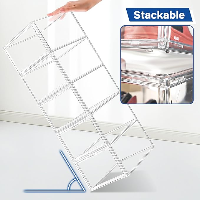 12 Pack Drop Front Shoe Boxes Acrylic Box Sneaker Case Size 12, Transparent Display Cases for Sneaker Collections, Baseball Caps, Hat Organizer Dust-free Shoe Cubbies Stackable Sneaker Boxes