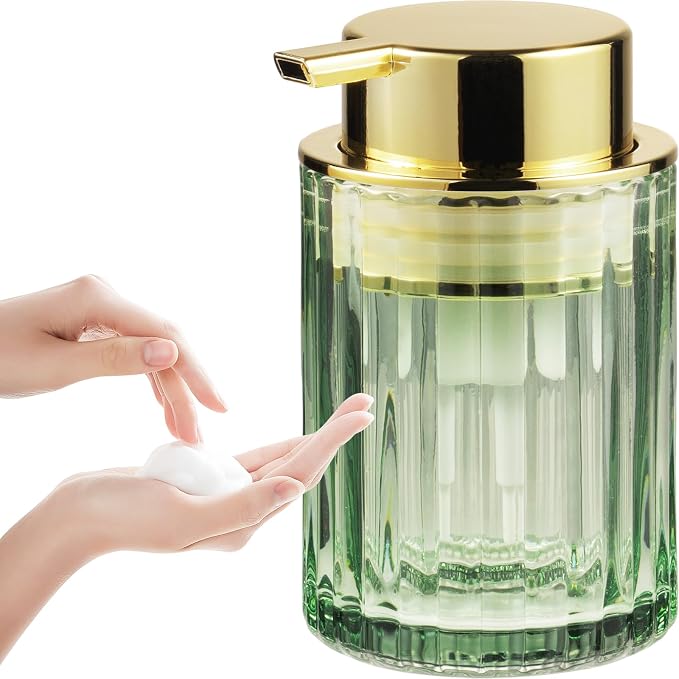 Amolliar Foaming Soap Dispenser, 8OZ Green Glass Soap Dispenser with Plastic Pump, Refillable Hand Soap Dispenser for Bathroom, Kitchen, Shower, Lotion, Dish Soap Dispenser, Home Decor, Gold 1 Pack