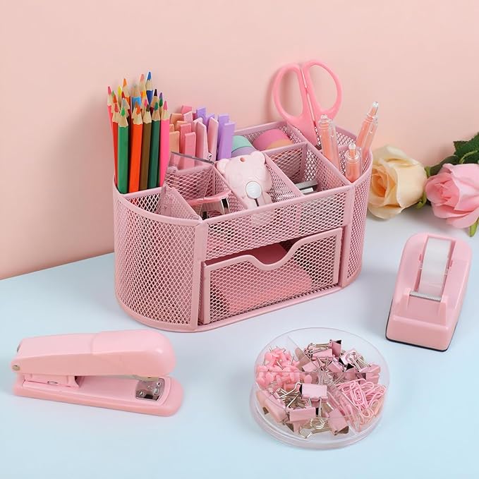 Pink Office Supplies for Desk,14pcs Desk Sets and Accessories, Office Supply Kit with Mesh Desktop Organizer and Stapler,Staple Remover, Staples,Tape Dispenser,Sticky Tabs,Scissors, Ruler