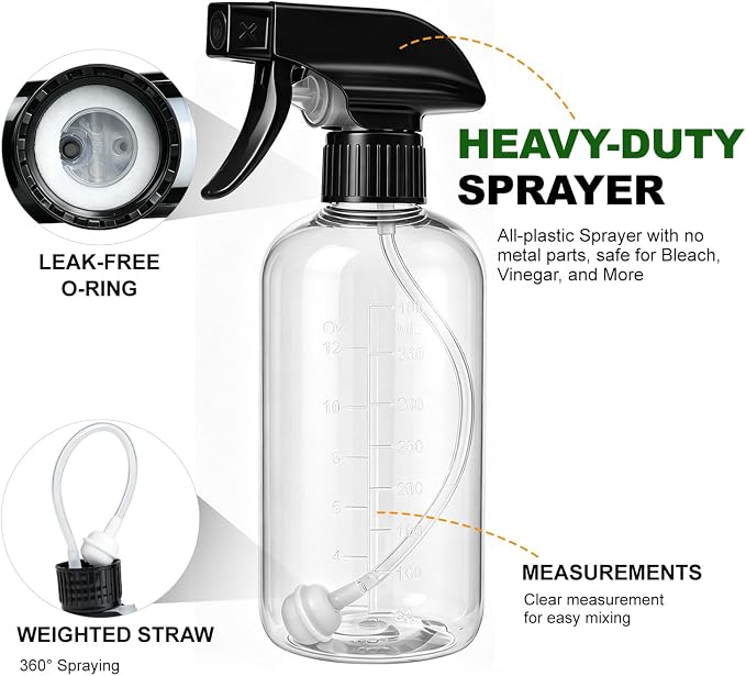 Spray Bottles 16oz 2 pack — 360° Any-Angle Spraying, Mist & Stream Plastic Empty Water Sprayer, with Measurements & Weighted Straw, Leak-Resistant for Cleaning Solutions, Planting, Hair + Funnel